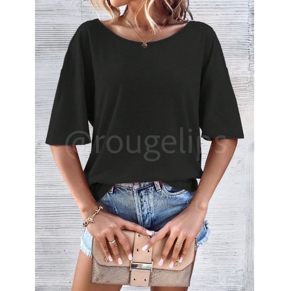 Black Tee Shirt Cut Put Mock Racer Back Batwing Sleeve Loose Fit Boat Neck - Picture 2 of 7